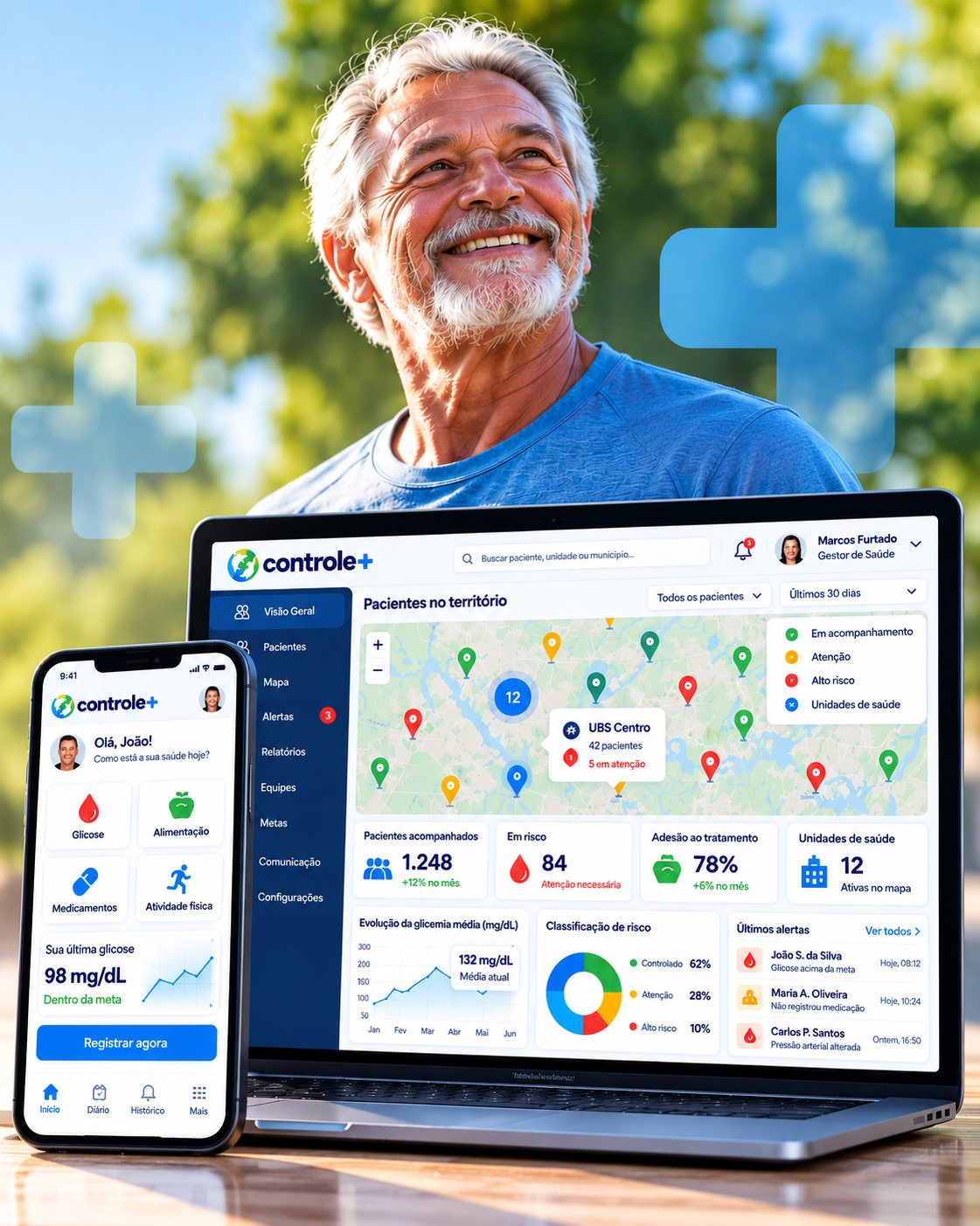 Paciente sorridente acompanhado pelo Controle+, com o app do paciente no celular e o painel de gestão da secretaria de saúde no notebook